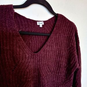 Maroon Chenille V-Neckline Pointelle Knit Sweater